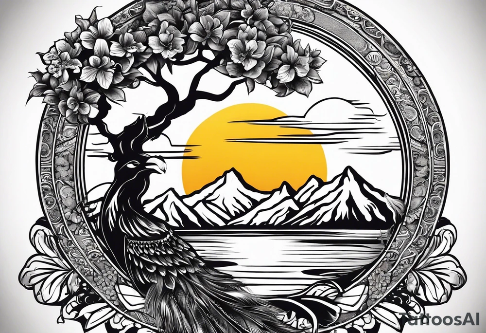 Tree, Sun, Arabian Jasmine, Lion, Books, Peacock feather, a Plate with rice, yellow lentils and potato fries, Hibiscus flower, and Sun coming from behind mountains tattoo idea