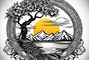 Tree, Sun, Arabian Jasmine, Lion, Books, Peacock feather, a Plate with rice, yellow lentils and potato fries, Hibiscus flower, and Sun coming from behind mountains tattoo idea