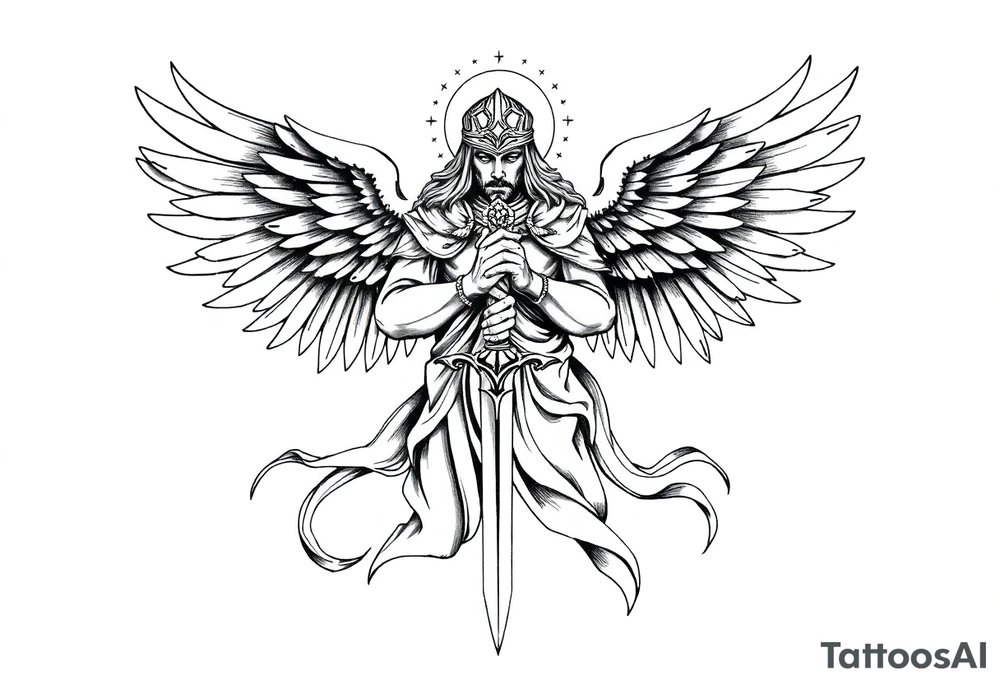 Holy Archangel, Biblical, Christianity, Hebrew, Guards of Christianity, Holding a sword, has six wings, wearing helmet, halo, seraphim, seek justice, walk only with God tattoo idea