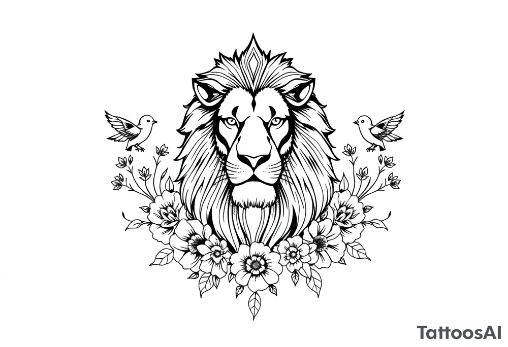 powerful majestic lion with a crown, surrounded by floral ornaments and birds tattoo idea