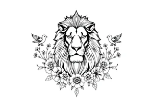 powerful majestic lion with a crown, surrounded by floral ornaments and birds tattoo idea