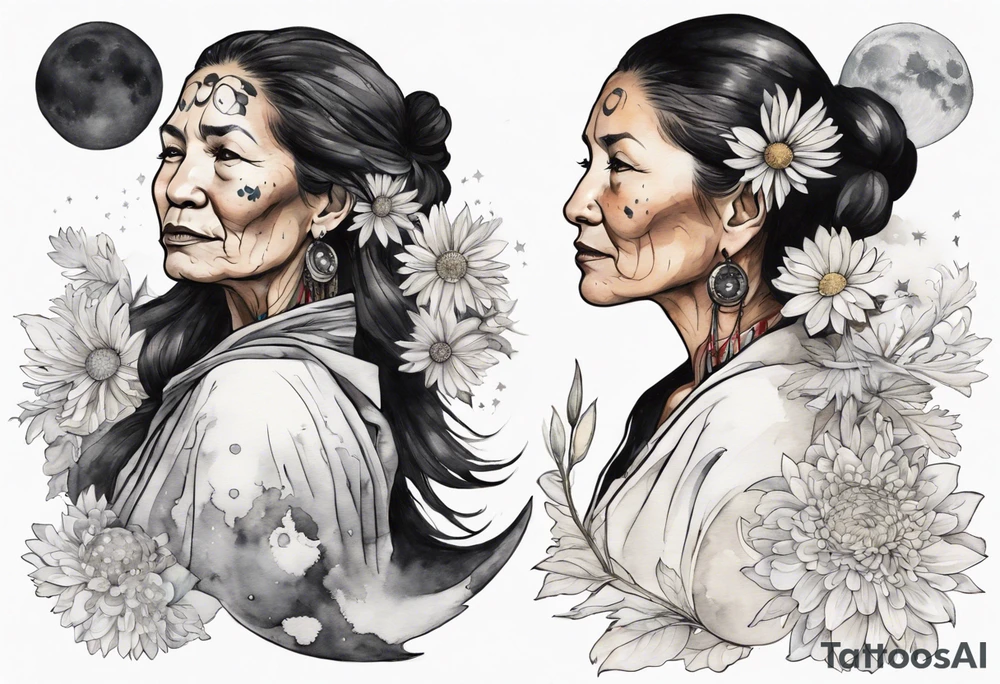 a beautiful 50-year-old Anishinaabe woman wearing black and white robes standing on the moon with a chrysanthemum tattoo idea