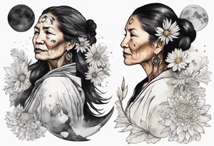 a beautiful 50-year-old Anishinaabe woman wearing black and white robes standing on the moon with a chrysanthemum tattoo idea