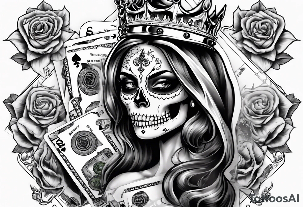santa la muerta with money and crown
on the card tattoo idea