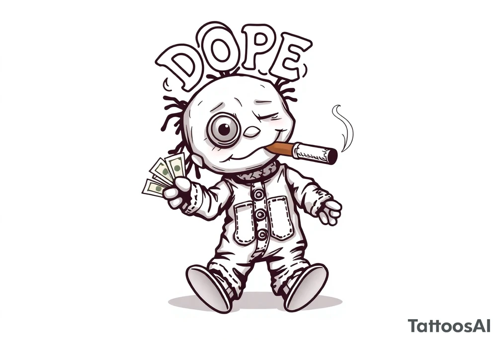 Stitched up rag doll with a button as one eye and some thread as the other. Holding some money in one hand and a cigar in the other hand. Smoke pouring off the cigar with the cloud of smoke above spelling out the word DOPE tattoo idea