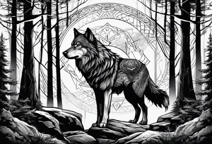Halbes Gesicht eines Wolfes
Mit Keltischen Zeichen
Im Hintergrund Wald und Berge
Fenrir tattoo idea