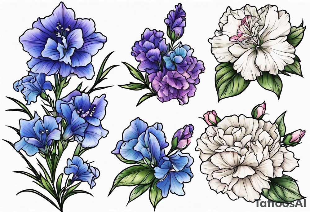 Larkspur flowers and carnation flowers in all color tattoo idea