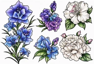 Larkspur flowers and carnation flowers in all color tattoo idea