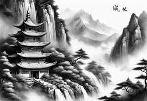 forearm sleeve traditional chinese art painting Chinese temple buddha wearing robes and drinking tea mountains mist fog waterfall tattoo idea