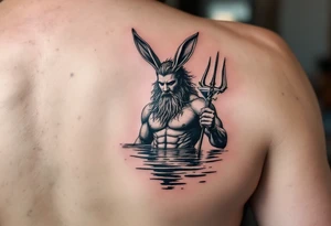 poseidon with trident half way in calm water with a martini and bunny ears tattoo idea