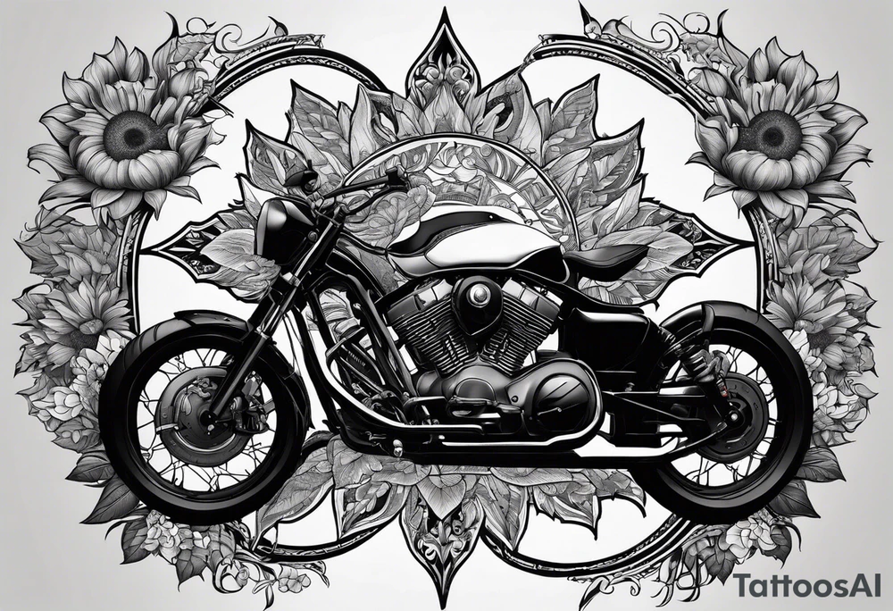 A central cross with the names Kyle Peter Lori on it with lighting a motorcycle and a sunflower around it tattoo idea