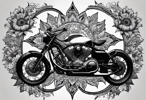 A central cross with the names Kyle Peter Lori on it with lighting a motorcycle and a sunflower around it tattoo idea