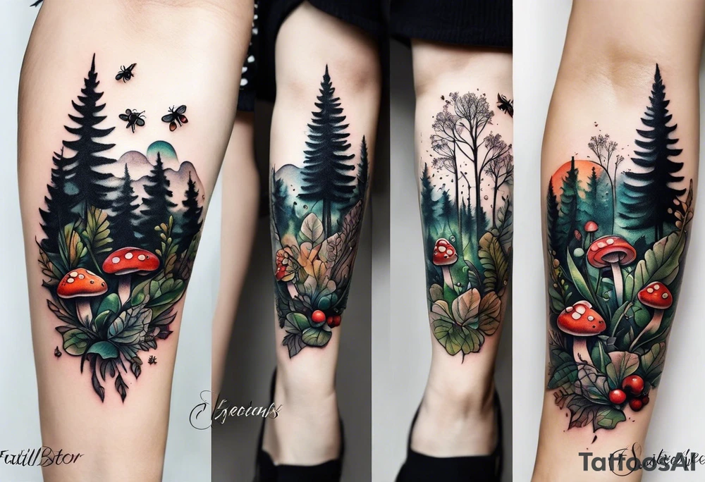 forest floor inspired minimalist tattoo, which includes grass, curly ferns, moss and dead leaves as the bulk of the tattoo. details to include: forest berries, a tiny bumblebee flying nearby, three small brown mushrooms
Generate a vertically long one tattoo idea