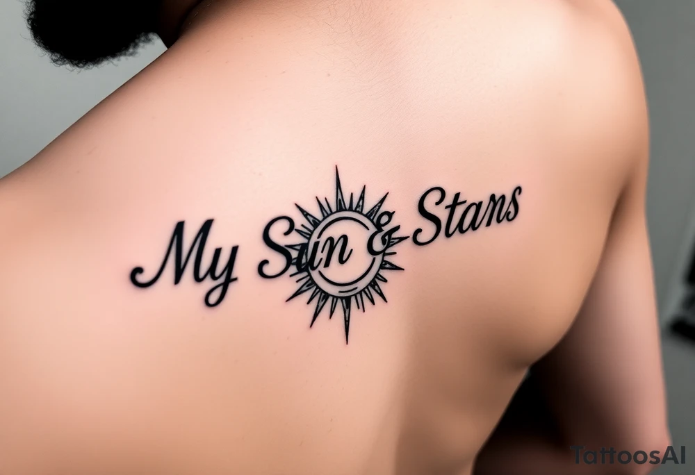 "My Sun & Stars" in script with a Sun and stars tattoo idea