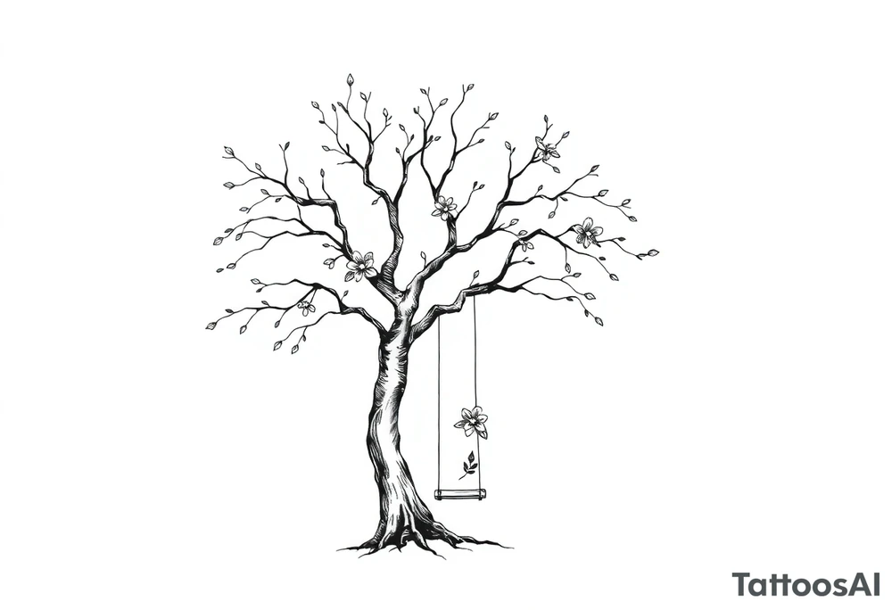 Willow tree with 7 branches with a swing hanging from one with florals tattoo idea