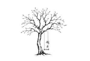 Willow tree with 7 branches with a swing hanging from one with florals tattoo idea