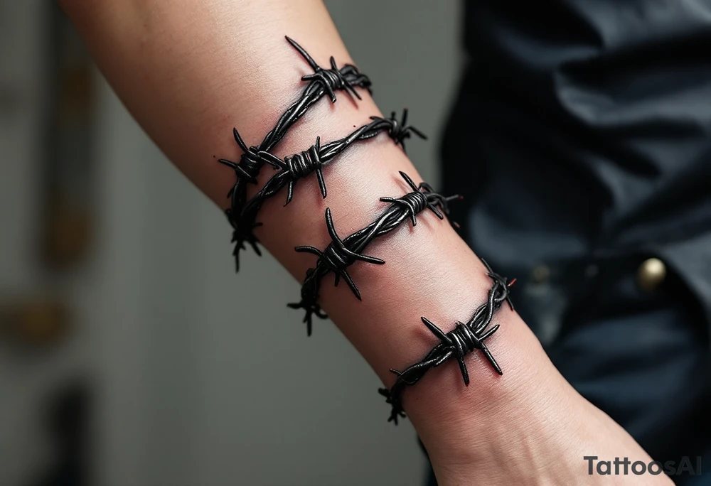 A realistic black and dark silver barbed wire tattoo wraps tightly around the arm, with sharp crimson highlights on the barbs and subtle shading to create a three-dimensional, metallic effect against the skin. tattoo idea