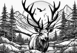 elk skull with mountains and trees
with a stream and birds overhead tattoo idea