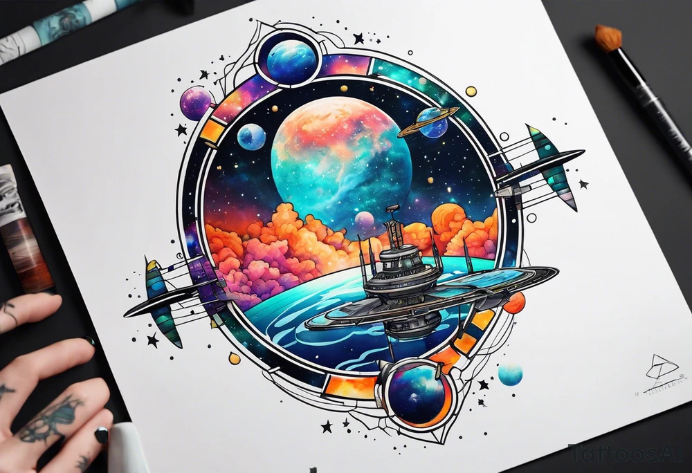 Tattoo featuring space station and water in galaxy colours featuring animals tattoo idea