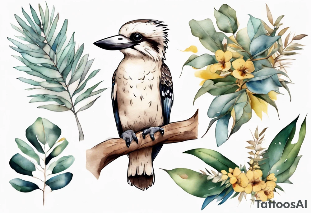 A kookaburra sitting on tree with a koala below surrounded by wattle and eucalyptus leaves tattoo idea