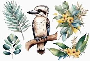 A kookaburra sitting on tree with a koala below surrounded by wattle and eucalyptus leaves tattoo idea