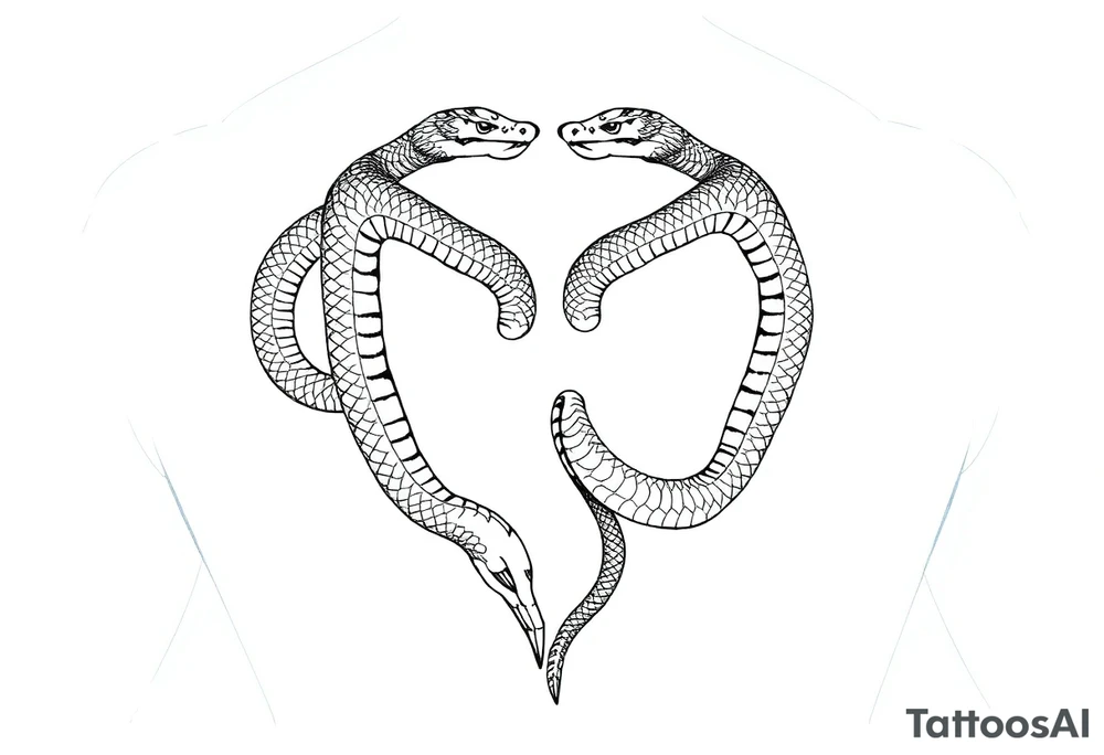 Id like a back tattoo with two snakes.  The illustration should be minimal with "skin-break."  I'd like the tails to be intertwined to accentuate my upper buttocks/upper butt crack, and Id like the snakes to moving upwards to the upper back, with the heads stopping just under my shoulder blades.  Almost like a "V shape" but very organic, like a symmetrical winding road.  Id like the tattoo to be sexy and accentuate my back to make my waist look small.  Black and white. Minimal.  Fine line. Please use a male body type. tattoo idea