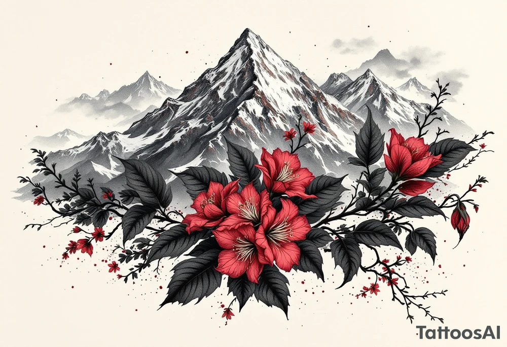 wrap around entire wrist red  and black rhododendron trippy with Himalayas behind tattoo idea