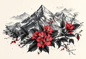 wrap around entire wrist red  and black rhododendron trippy with Himalayas behind tattoo idea