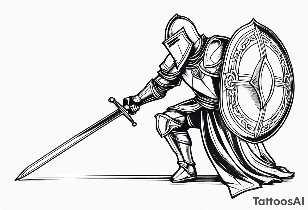 side view of crouched knight holding shield tattoo idea