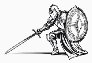 side view of crouched knight holding shield tattoo idea