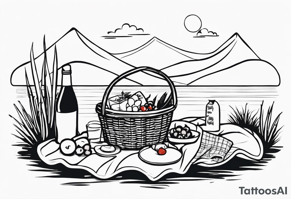 picnic scene in nature with a shecker blanket, a picnic basket and pillows. no food tattoo idea