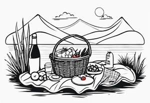 picnic scene in nature with a shecker blanket, a picnic basket and pillows. no food tattoo idea