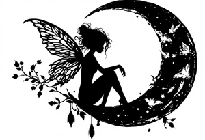 Silhouette of a Fairy sitting on moon with dangles. tattoo idea