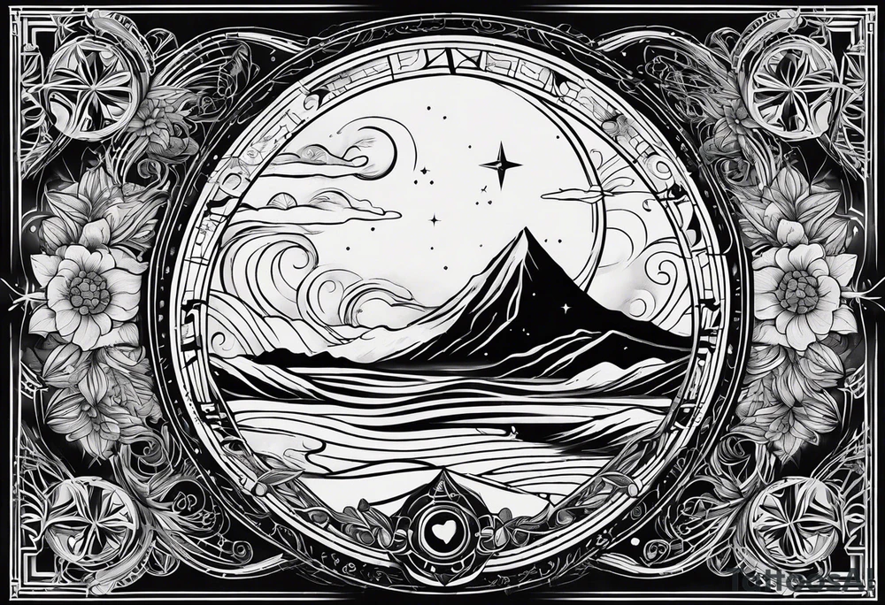 A tattoo featuring a meaningful quote about life's journey, such as "The journey of a thousand miles begins with a single step," accompanied by celestial elements to emphasize the cosmic nature of your path. tattoo idea