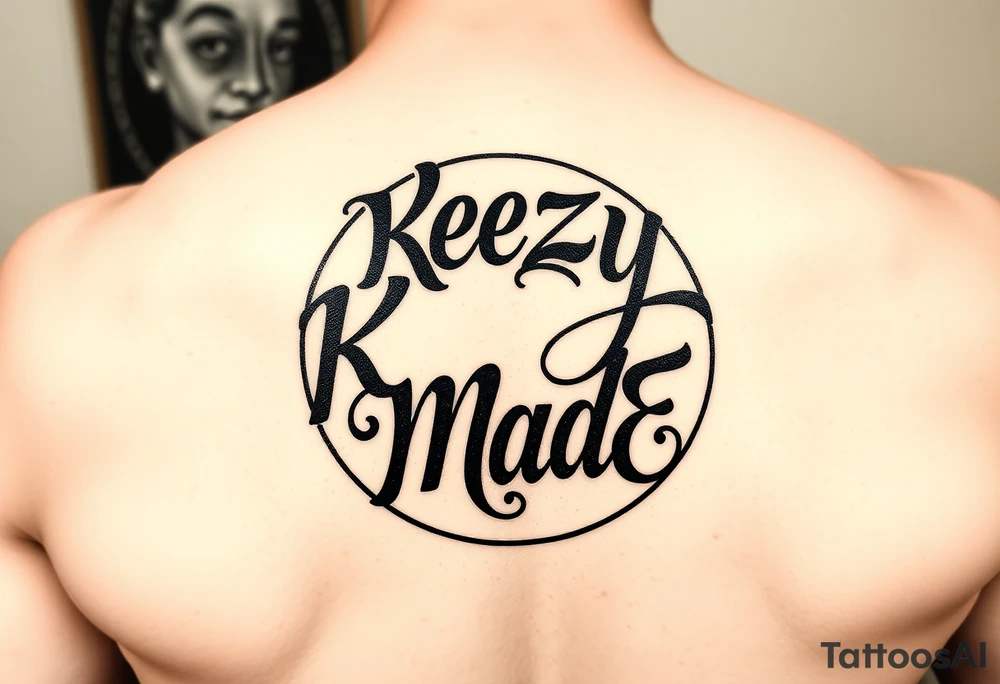 A fancy but rugged twisted and intertwined circular arched curvy lettering in a circular picture that would be clothing brand style that says (KeezY MadE) tattoo idea