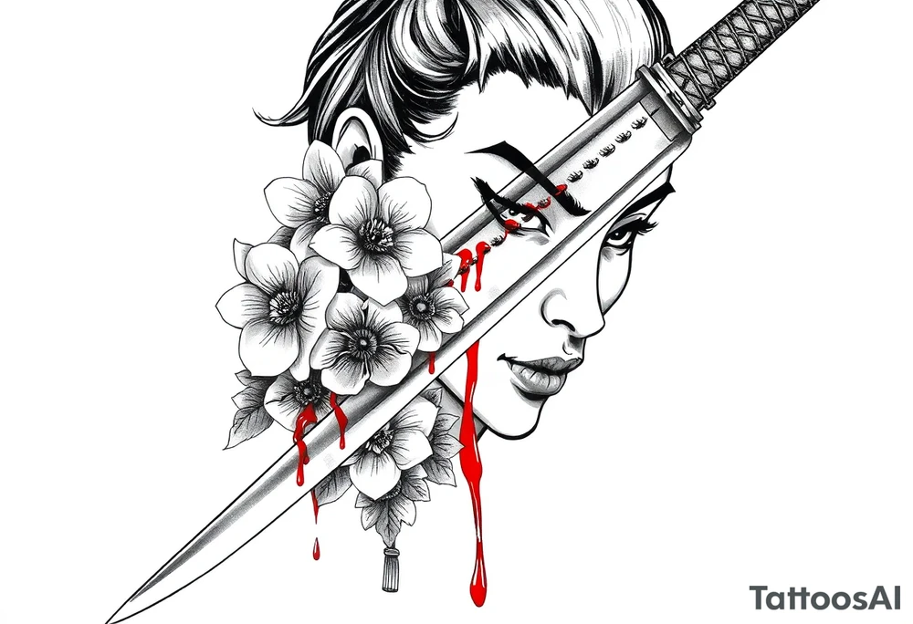 Katana with flowers and blood on the blade tattoo idea