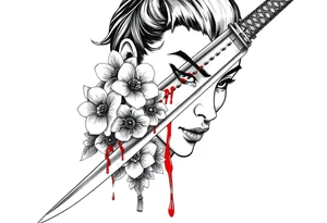 Katana with flowers and blood on the blade tattoo idea