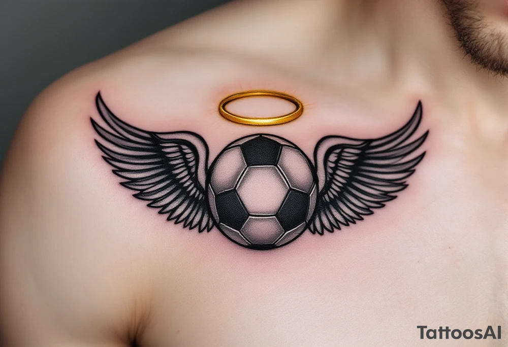 A black and gray soccer ball with angel wings and a golden halo above. tattoo idea