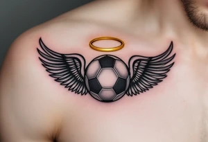 A black and gray soccer ball with angel wings and a golden halo above. tattoo idea