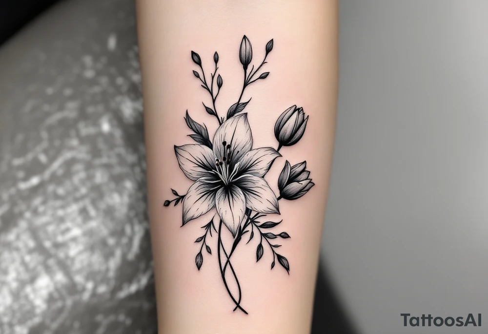 flower arrangement with spider lilies, tulip, cherry blossom tattoo idea