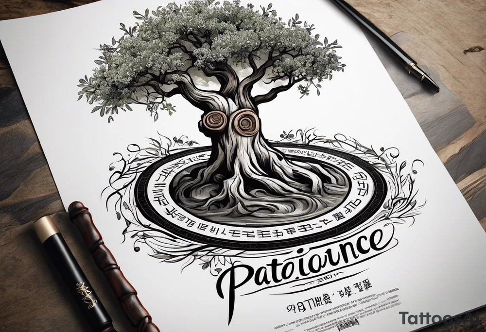 And olive tree with exposed roots, writing out the word for patience in Korean, next to a tree stump with exposed rings, and a small Poppy flower growing out of the ground tattoo idea