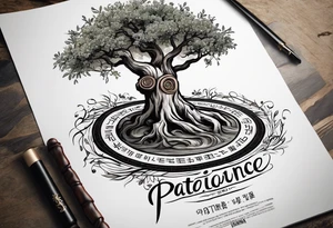And olive tree with exposed roots, writing out the word for patience in Korean, next to a tree stump with exposed rings, and a small Poppy flower growing out of the ground tattoo idea
