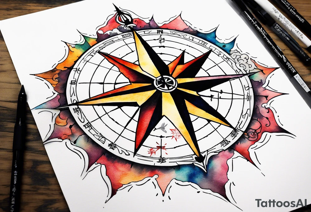 Travel themed for thigh, compass rose overlaid with a map spilled watercolor and tiny C130 silhouette tattoo idea