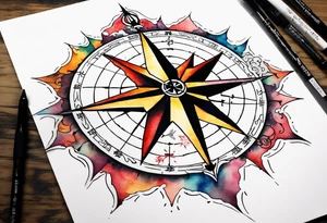 Travel themed for thigh, compass rose overlaid with a map spilled watercolor and tiny C130 silhouette tattoo idea