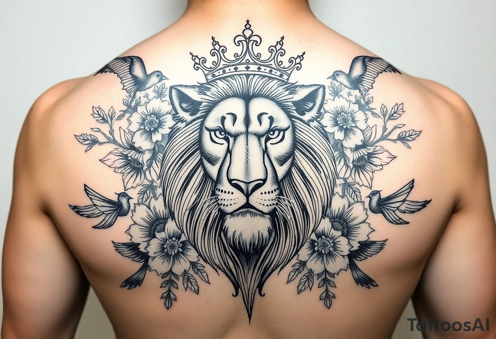 powerful majestic lion with a crown, surrounded by floral ornaments and birds tattoo idea