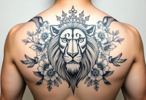 powerful majestic lion with a crown, surrounded by floral ornaments and birds tattoo idea