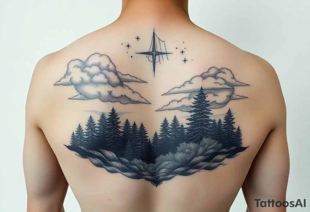 powerful ocean and forrest with rainy clouds with lighting sleeve for arm and stars and clouds tattoo idea