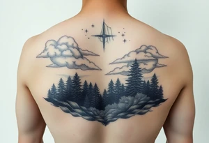 powerful ocean and forrest with rainy clouds with lighting sleeve for arm and stars and clouds tattoo idea