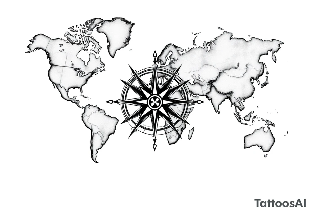 antique compass rose overlaid on weathered world map with sailing ships tattoo idea