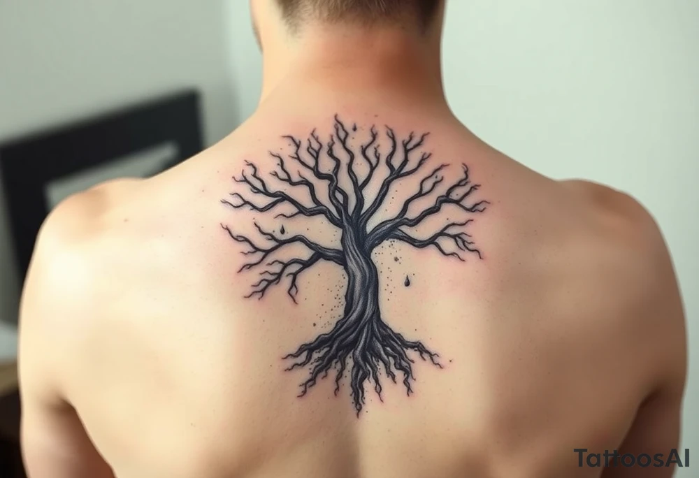 mystical tree of life with cosmic roots and celestial branches tattoo idea